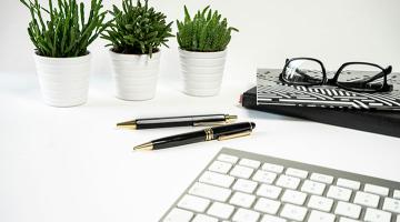 a computer keyboard, notebooks, pens and pot plants on a desk